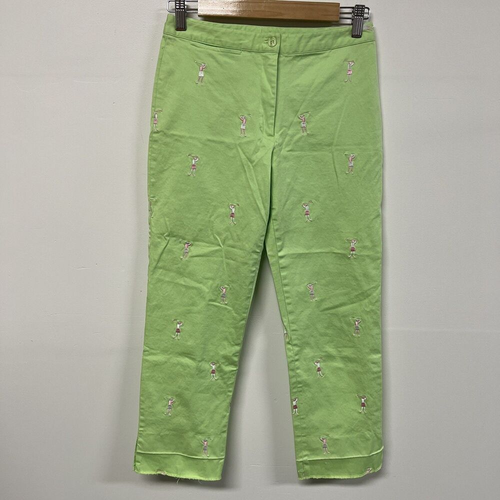 Lilly Pulitzer Capri Pants Womens Size 2 Green Golf Print Pink Embroidered